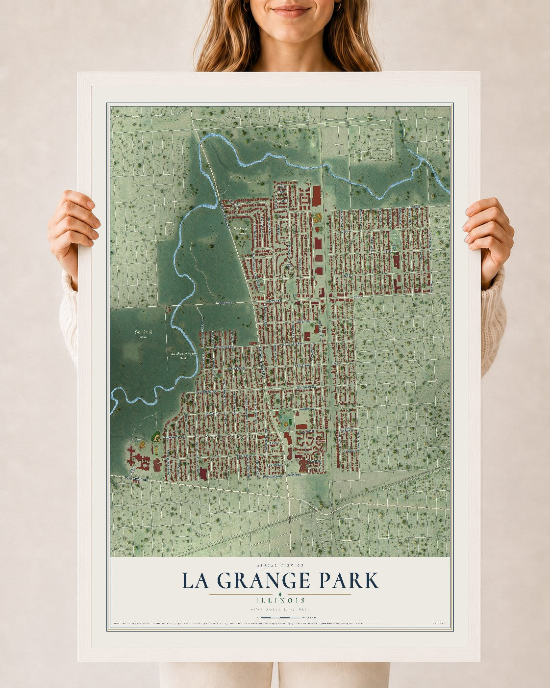 Map of La Grange Park, Illinois, 24 x 36 inch print in a white wood frame