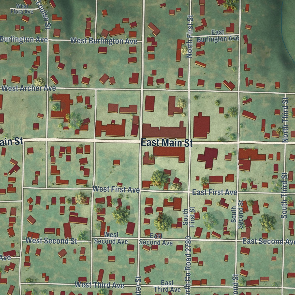 Close-up of the map of La Harpe, Illinois print showing street and building detail