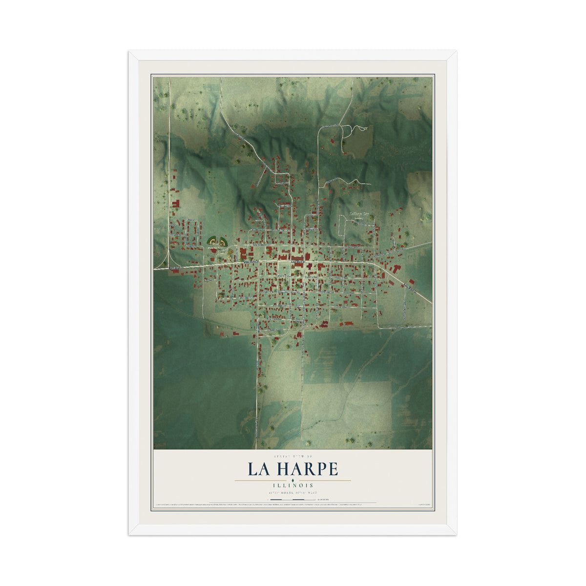Map of La Harpe, Illinois, 12 x 18 inch print in a white wood frame