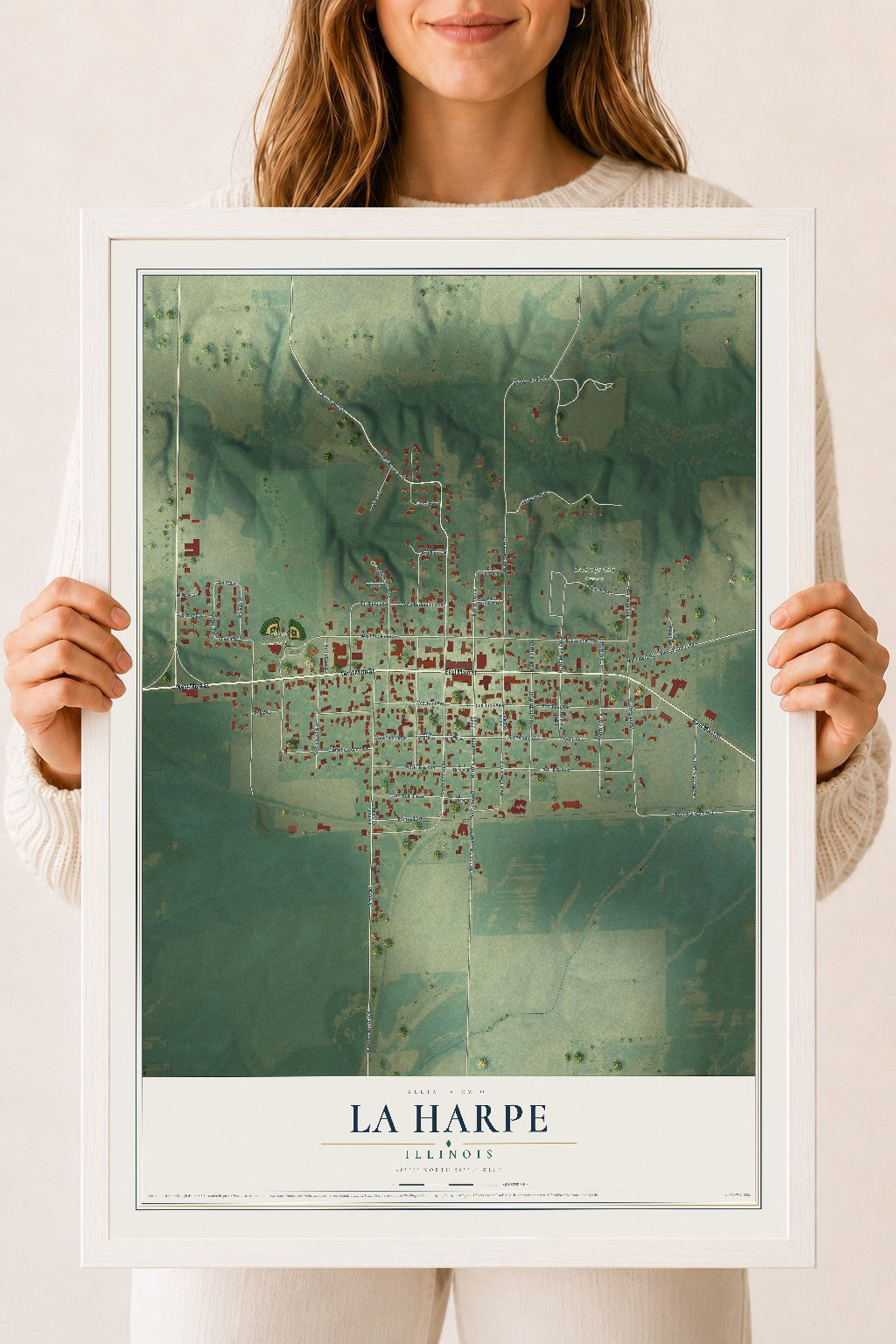Map of La Harpe, Illinois, 18 x 24 inch print in a white wood frame