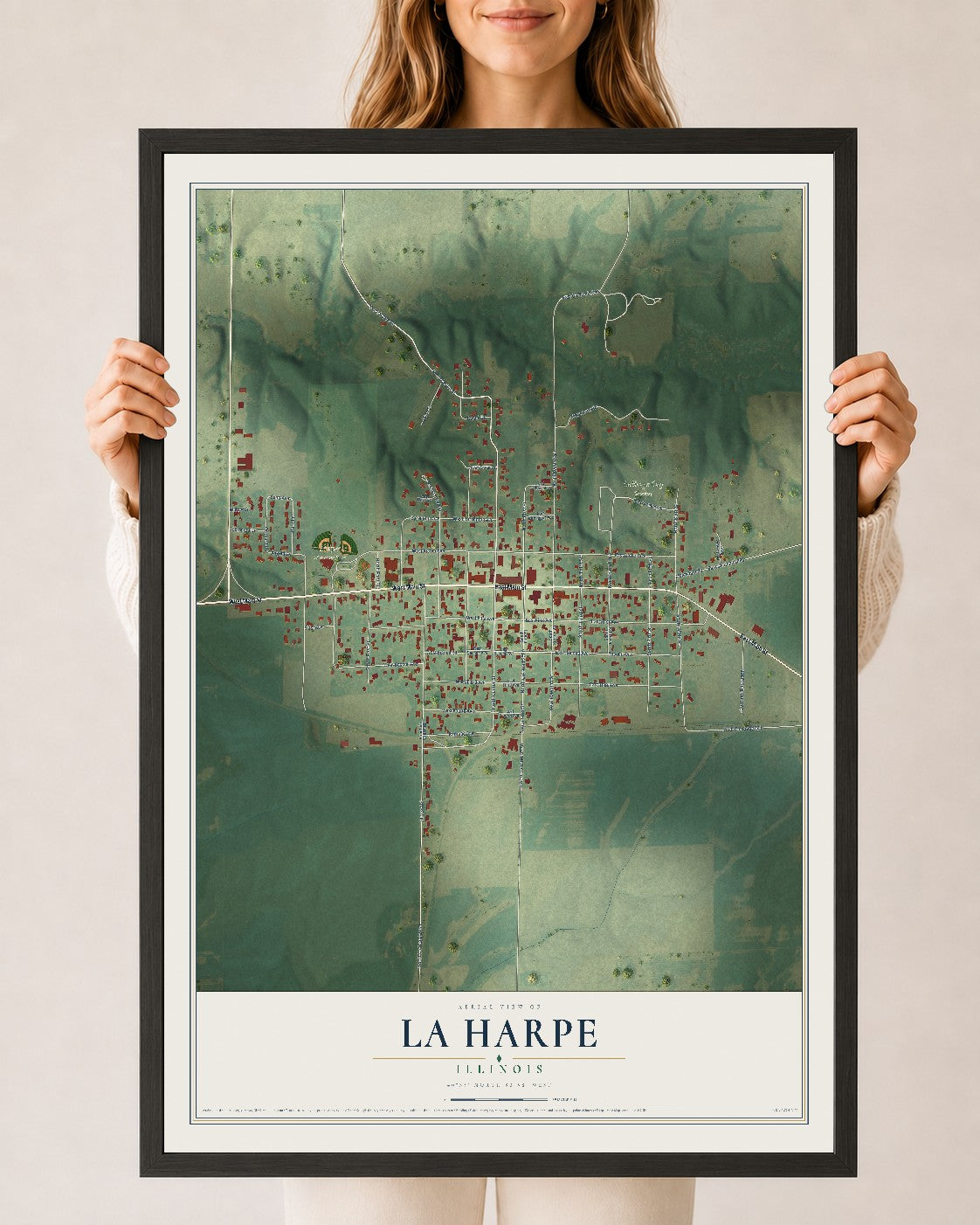 Map of La Harpe, Illinois, 24 x 36 inch print in a black wood frame