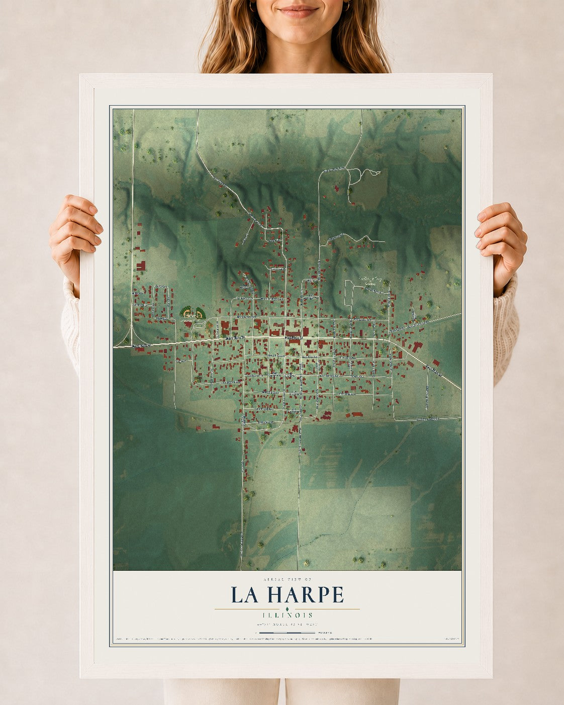 Map of La Harpe, Illinois, 24 x 36 inch print in a white wood frame