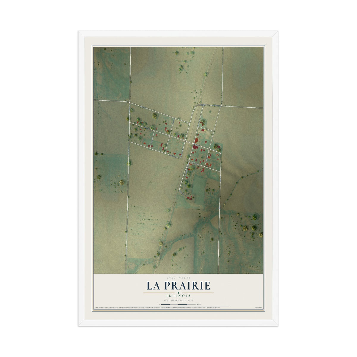 Map of La Prairie, Illinois, 12 x 18 inch print in a white wood frame