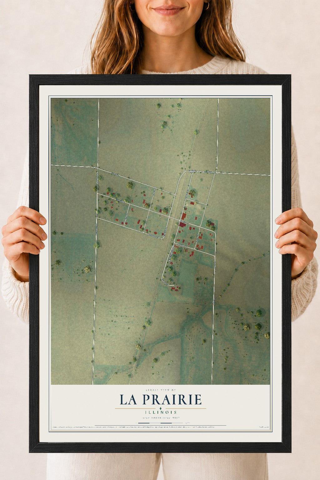 Map of La Prairie, Illinois, 18 x 24 inch print in a black wood frame