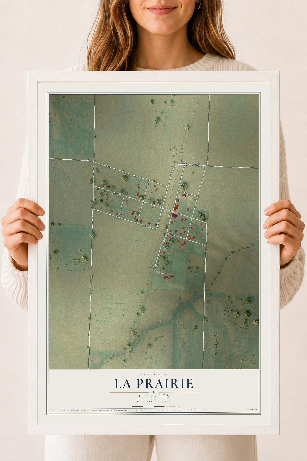 Map of La Prairie, Illinois, 18 x 24 inch print in a white wood frame
