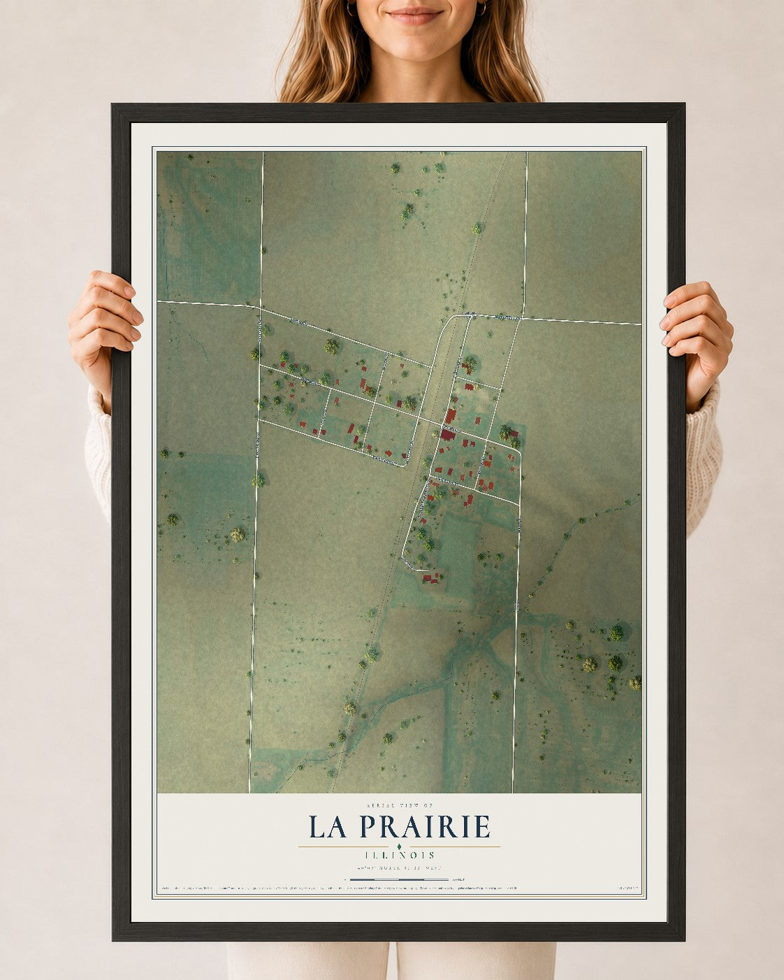Map of La Prairie, Illinois, 24 x 36 inch print in a black wood frame