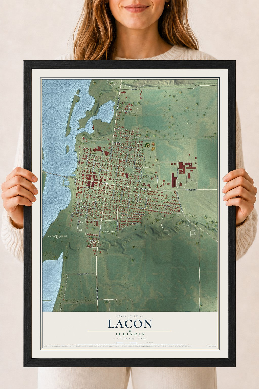 Map of Lacon, Illinois, 18 x 24 inch print in a black wood frame