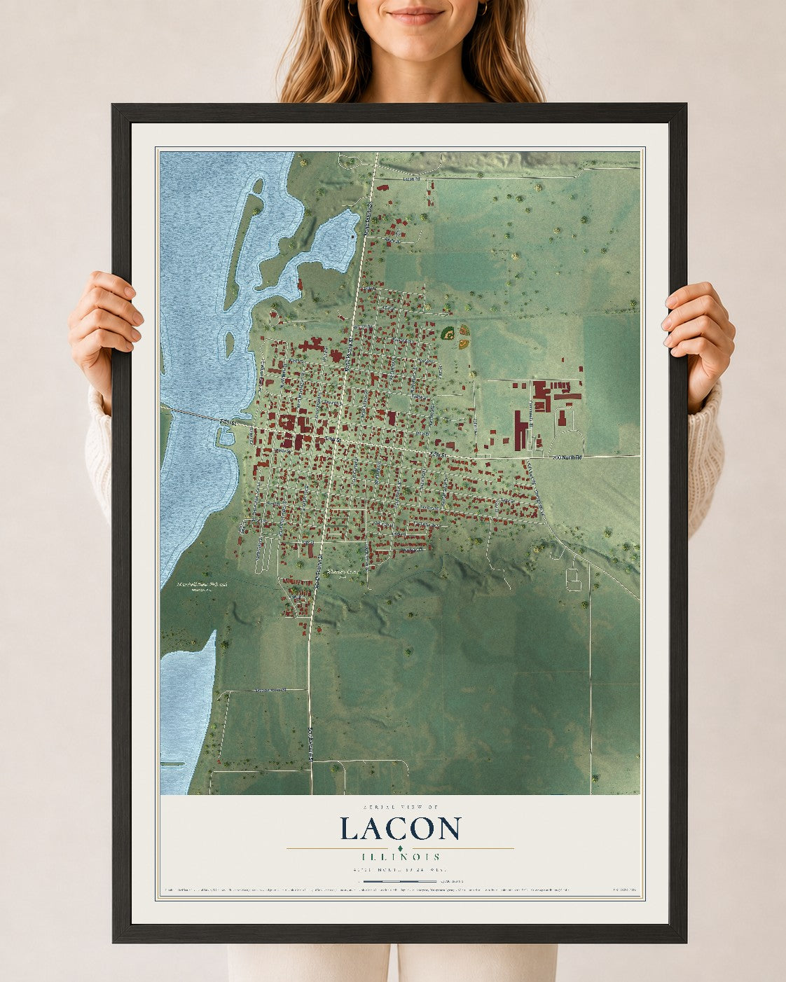Map of Lacon, Illinois, 24 x 36 inch print in a black wood frame