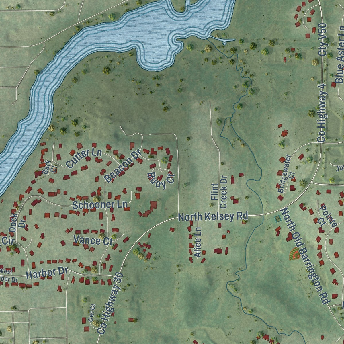 Second close-up of the map of Lake Barrington, Illinois print showing more streets and buildings