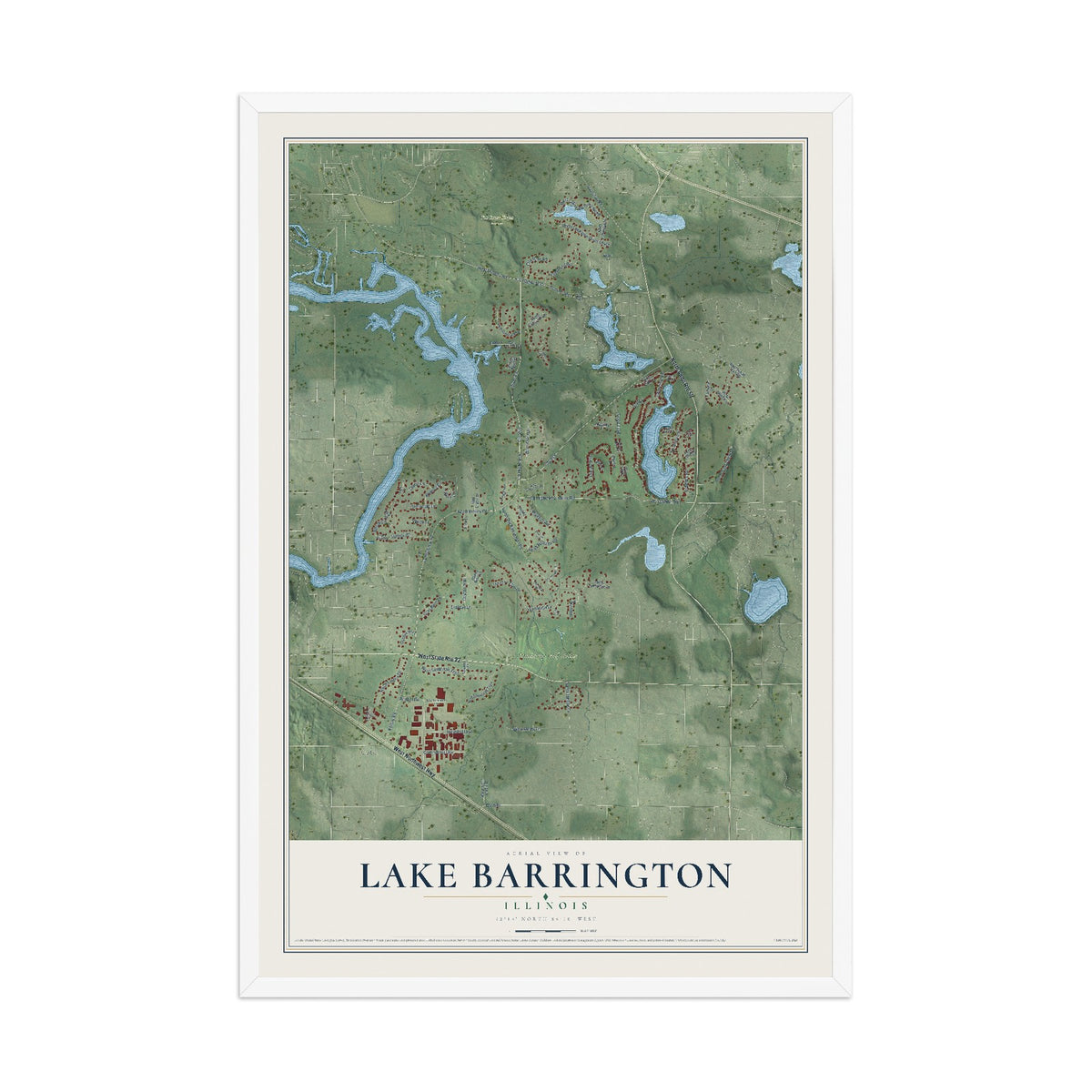 Map of Lake Barrington, Illinois, 12 x 18 inch print in a white wood frame