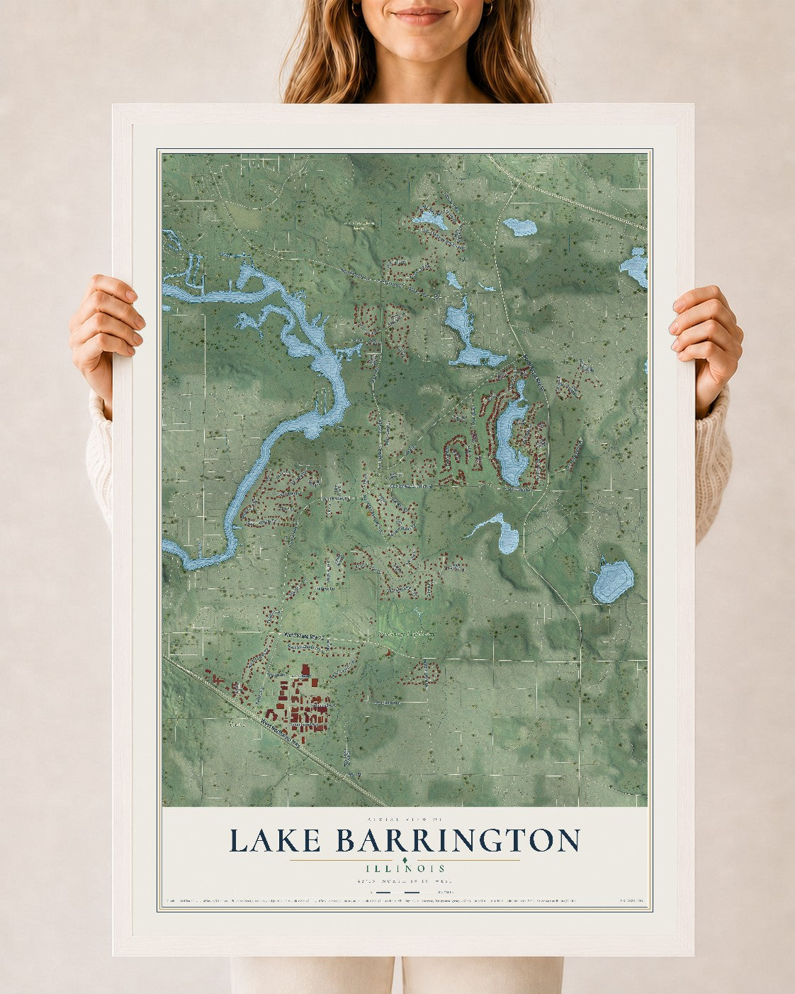Map of Lake Barrington, Illinois, 24 x 36 inch print in a white wood frame