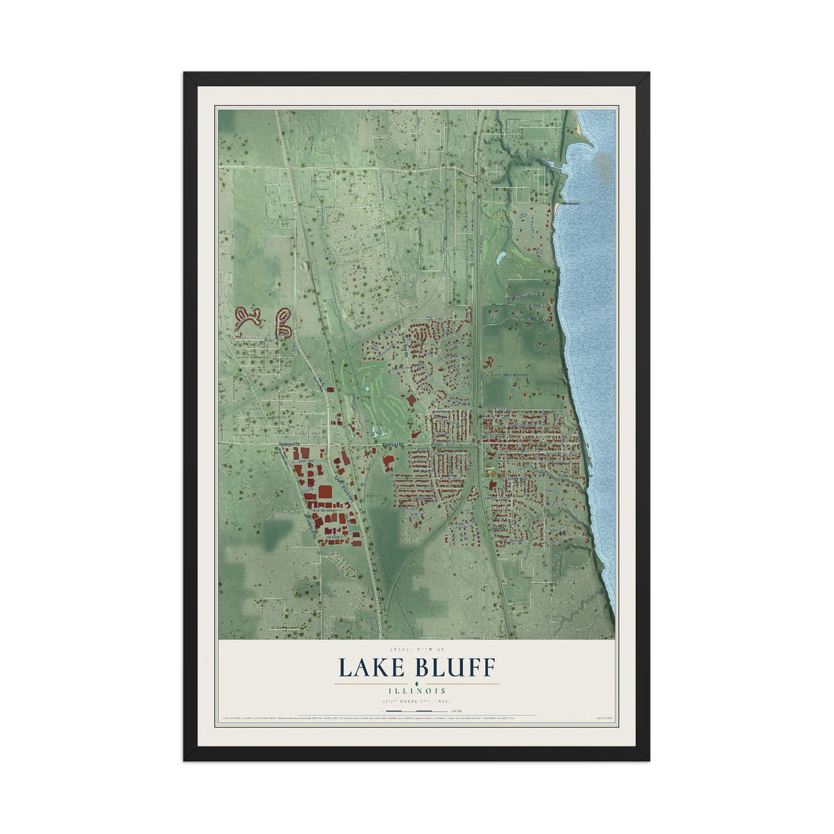 Map of Lake Bluff, Illinois, 12 x 18 inch print in a black wood frame
