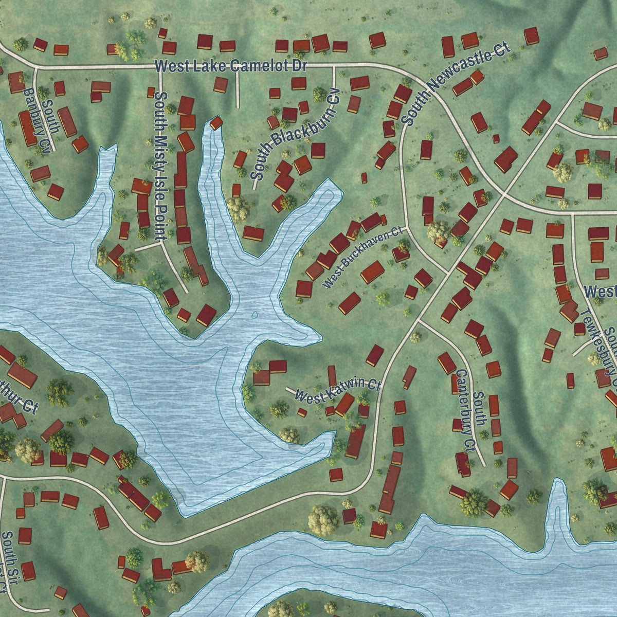 Close-up of the map of Lake Camelot, Illinois print showing street and building detail