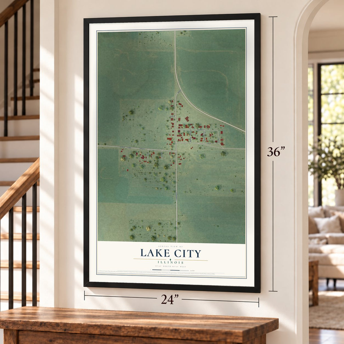 Lake City, Illinois map, 24 x 36 inch print in a black frame by a staircase
