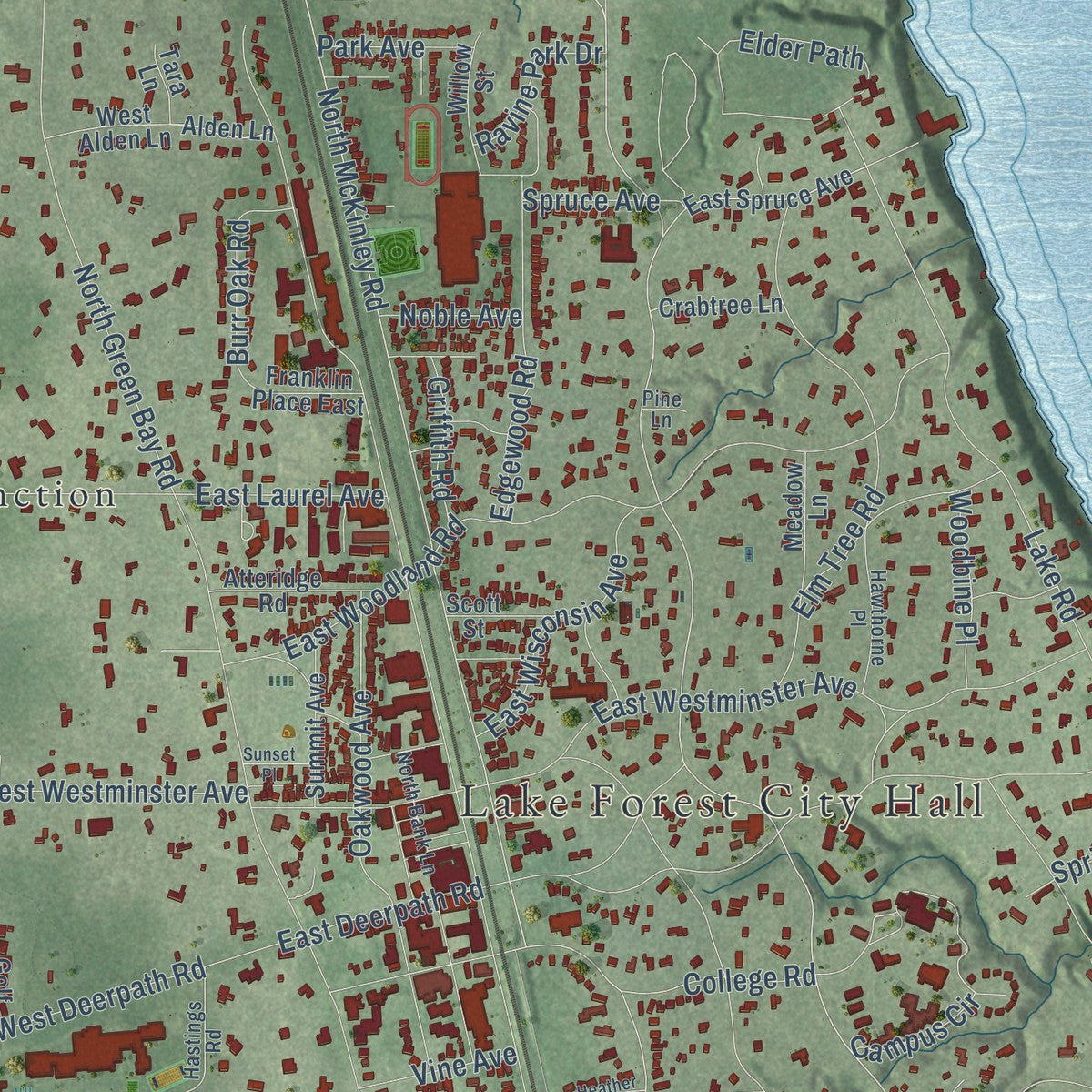 Close-up of the map of Lake Forest, Illinois print showing street and building detail