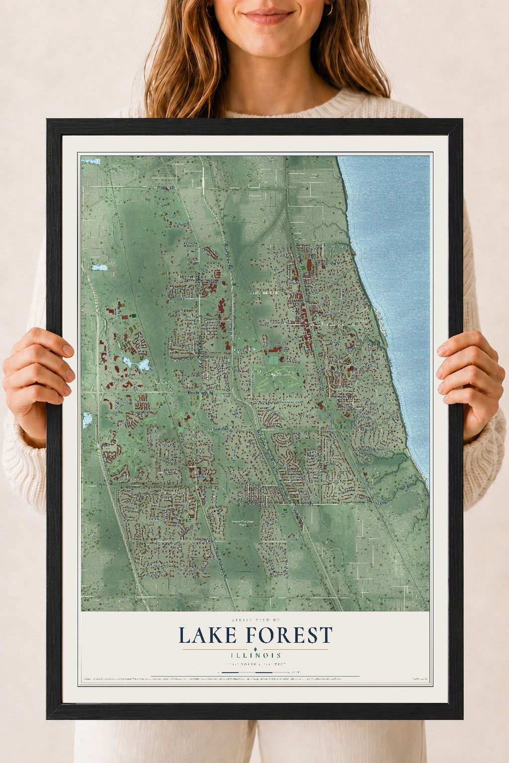 Map of Lake Forest, Illinois, 18 x 24 inch print in a black wood frame