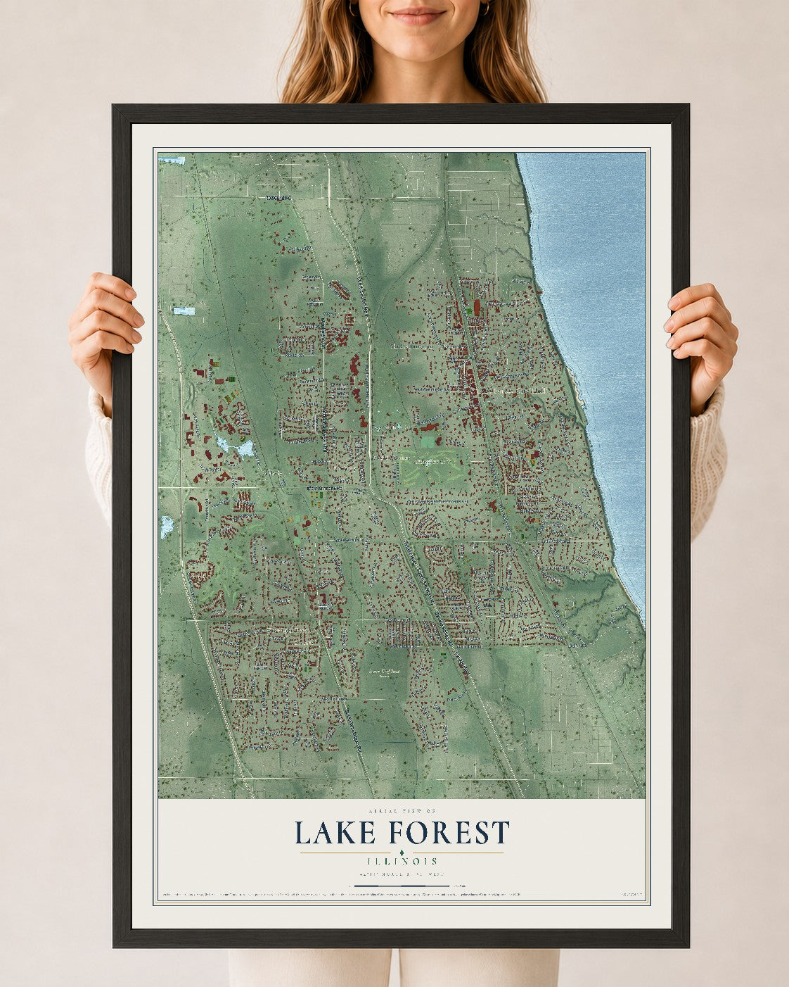 Map of Lake Forest, Illinois, 24 x 36 inch print in a black wood frame