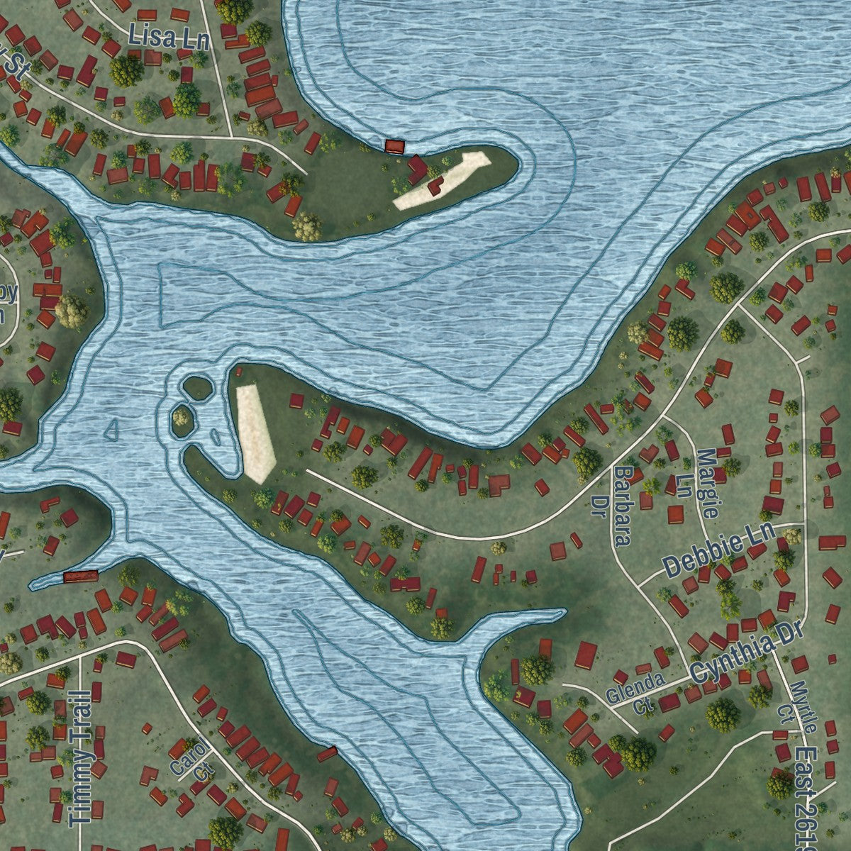 Second close-up of the map of Lake Holiday, Illinois print showing more streets and buildings