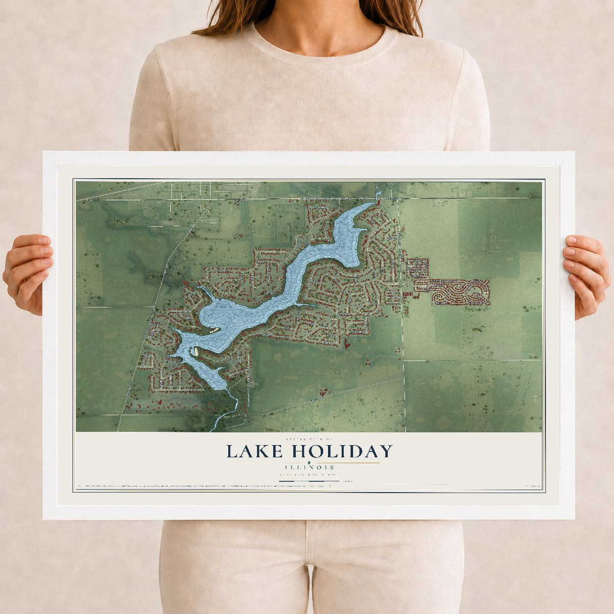 Map of Lake Holiday, Illinois, 12 x 18 inch print in a white wood frame