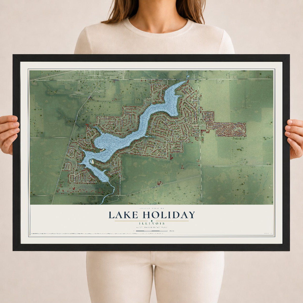 Map of Lake Holiday, Illinois, 18 x 24 inch print in a black wood frame