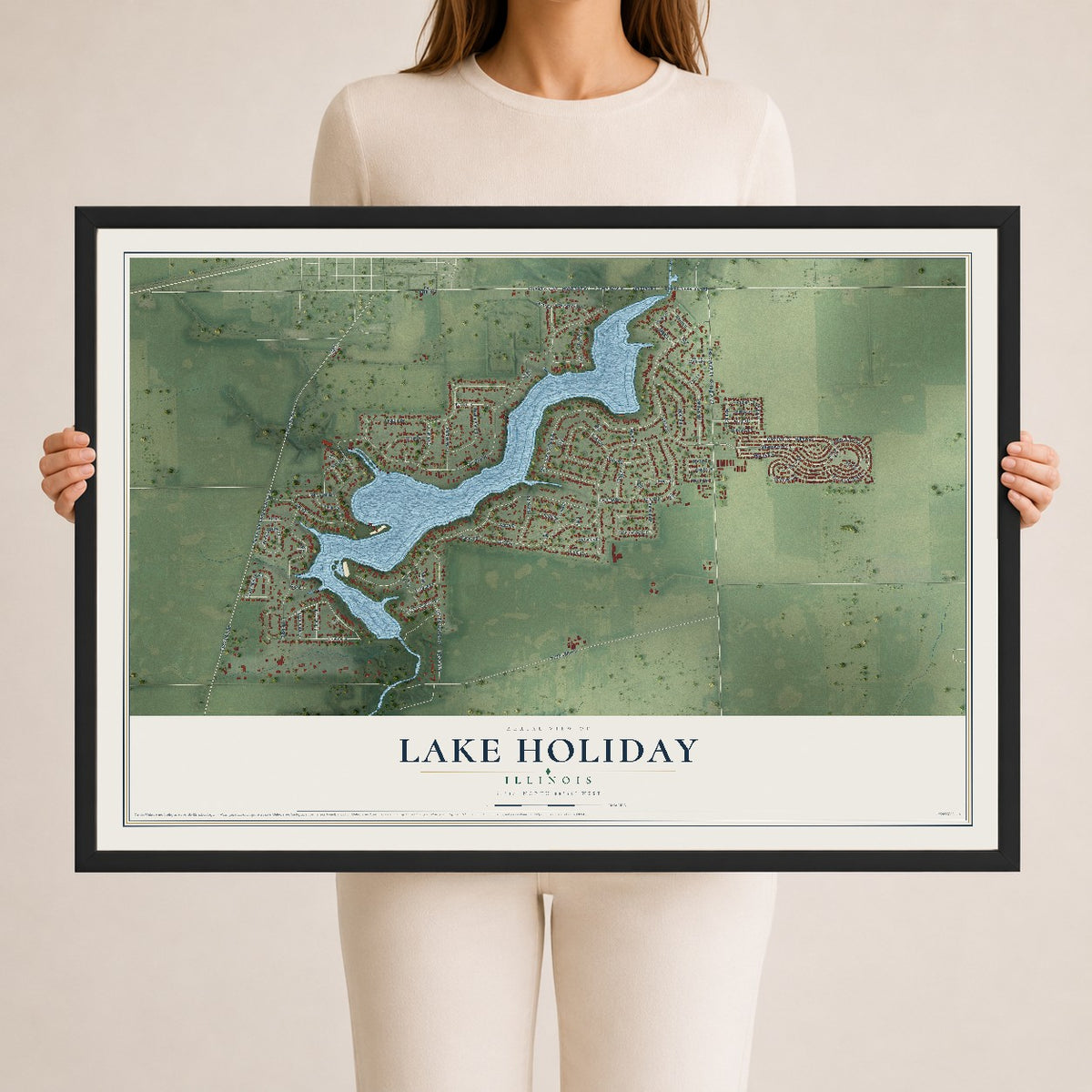 Map of Lake Holiday, Illinois, 24 x 36 inch print in a black wood frame