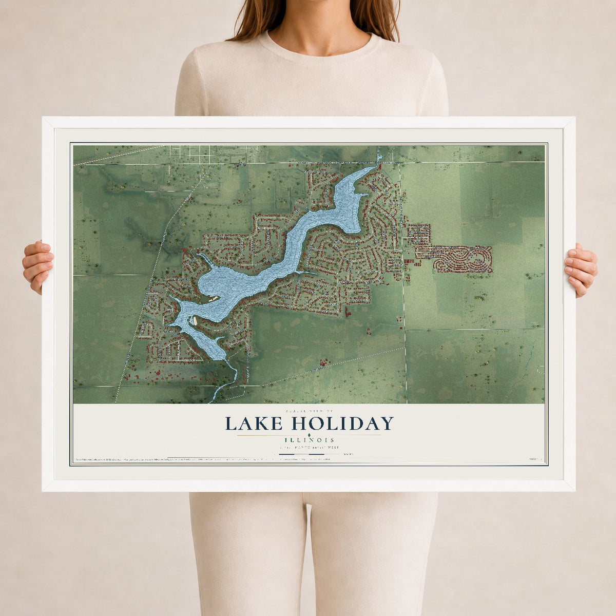 Map of Lake Holiday, Illinois, 24 x 36 inch print in a white wood frame