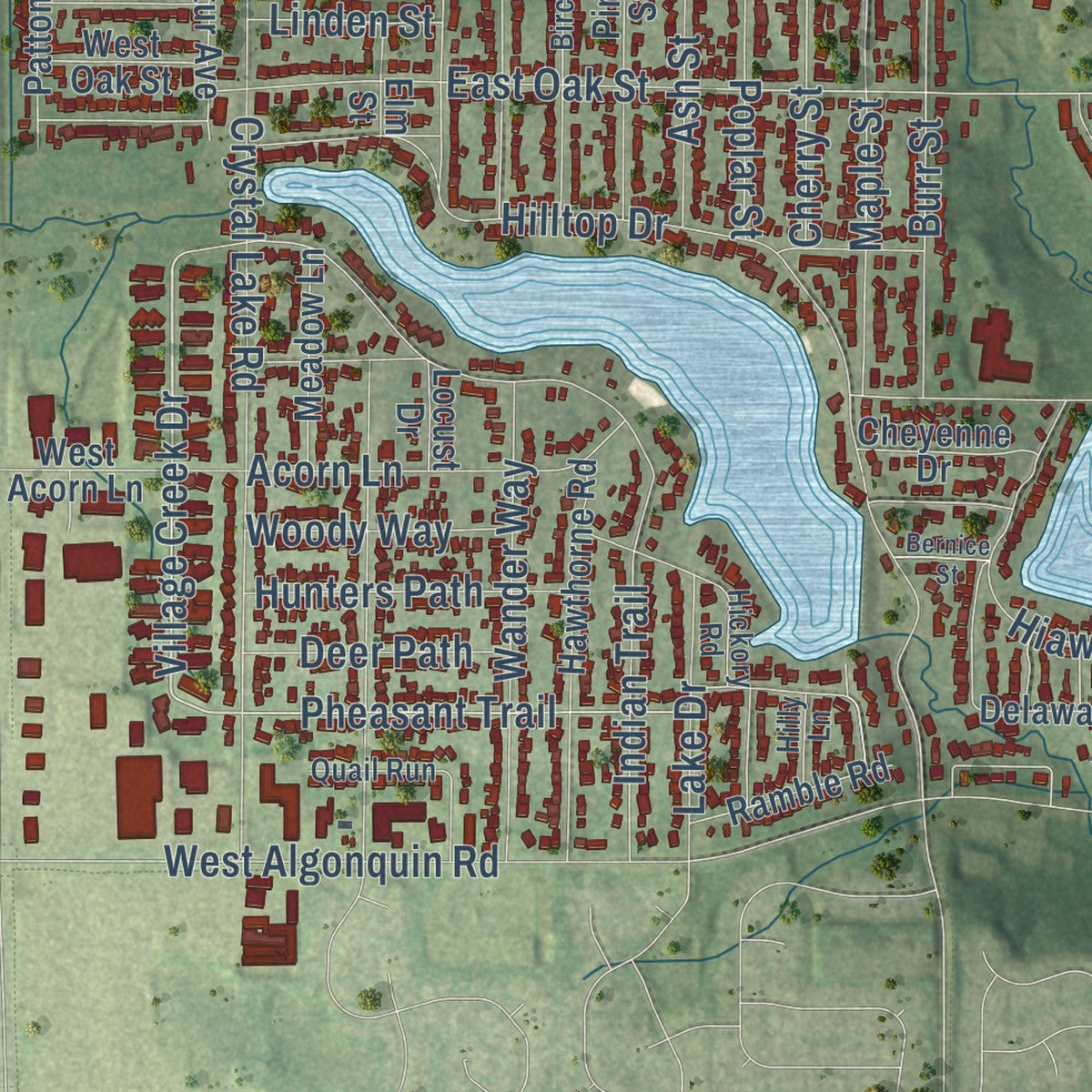 Second close-up of the map of Lake in the Hills, Illinois print showing more streets and buildings
