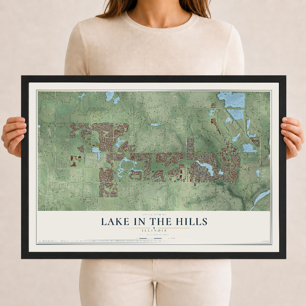 Map of Lake in the Hills, Illinois, 12 x 18 inch print in a black wood frame