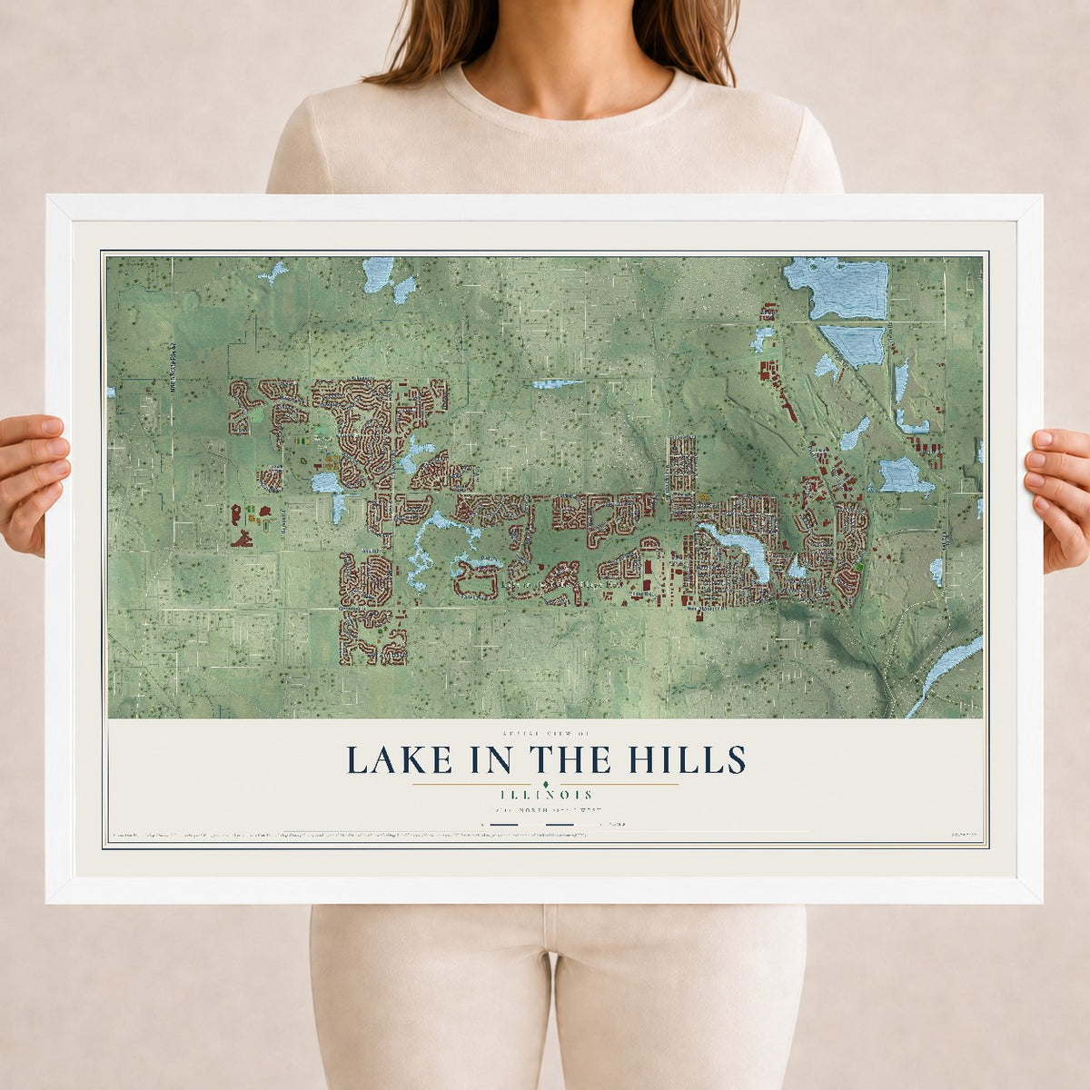 Map of Lake in the Hills, Illinois, 18 x 24 inch print in a white wood frame