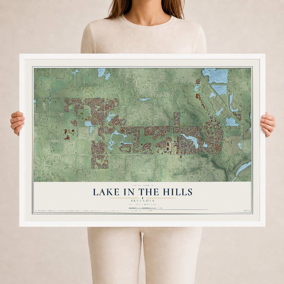 Map of Lake in the Hills, Illinois, 24 x 36 inch print in a white wood frame