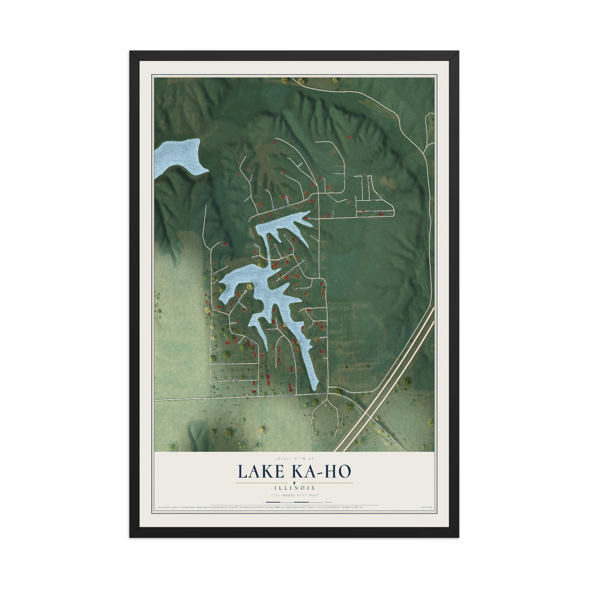 Map of Lake Ka-Ho, Illinois, 12 x 18 inch print in a black wood frame