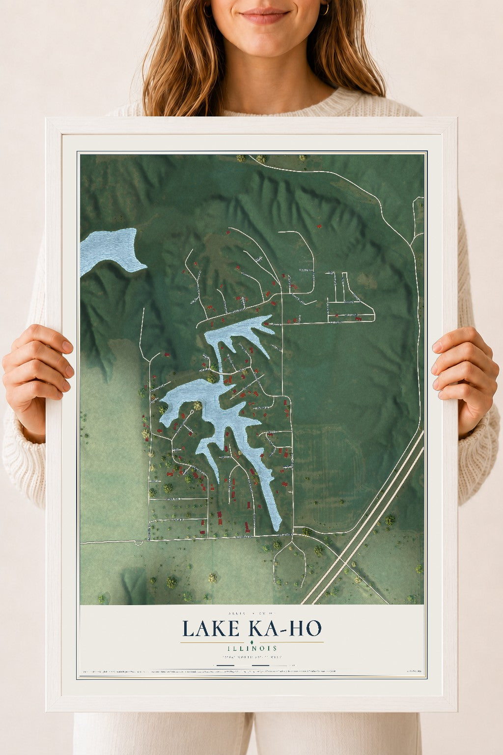 Map of Lake Ka-Ho, Illinois, 18 x 24 inch print in a white wood frame