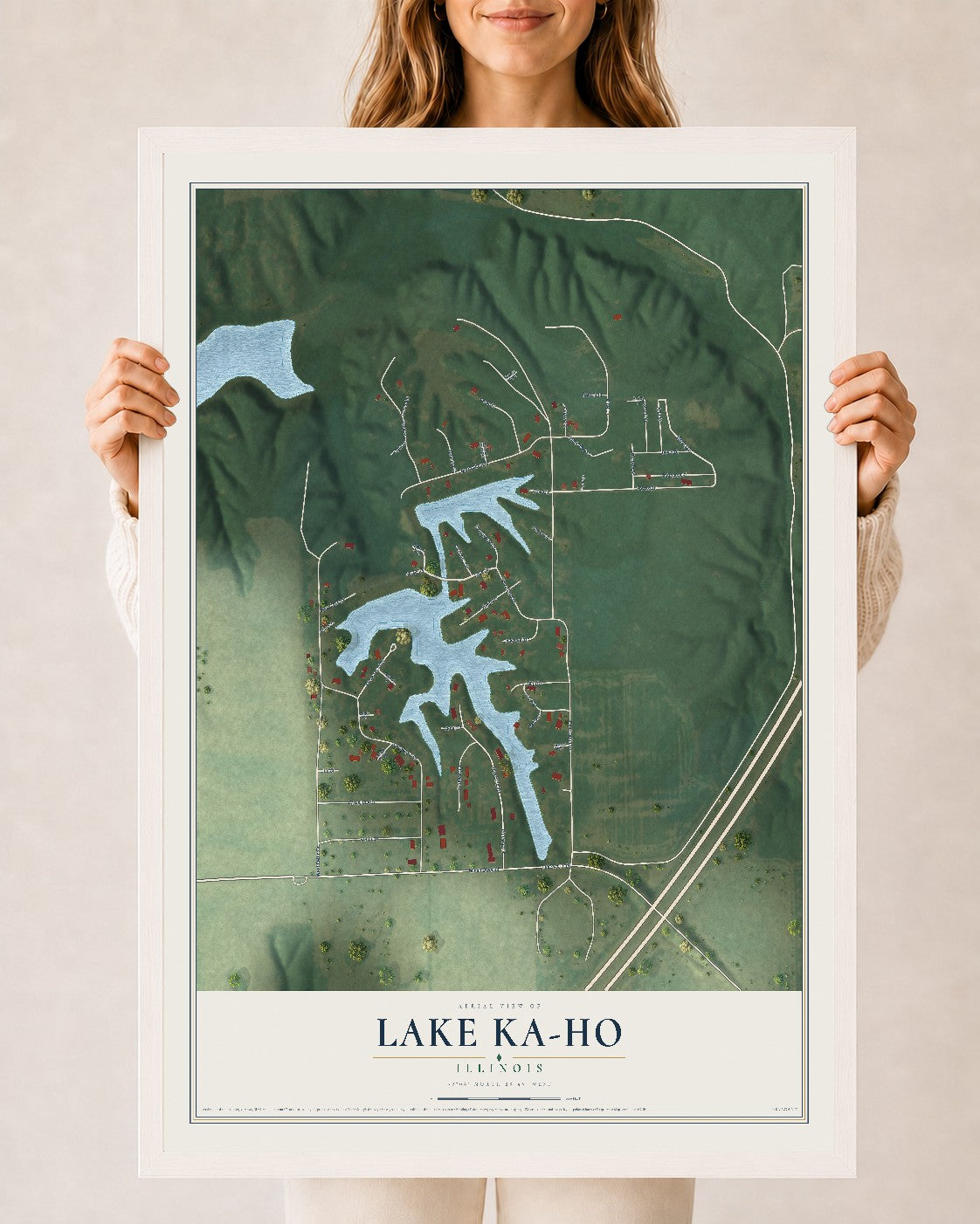 Map of Lake Ka-Ho, Illinois, 24 x 36 inch print in a white wood frame