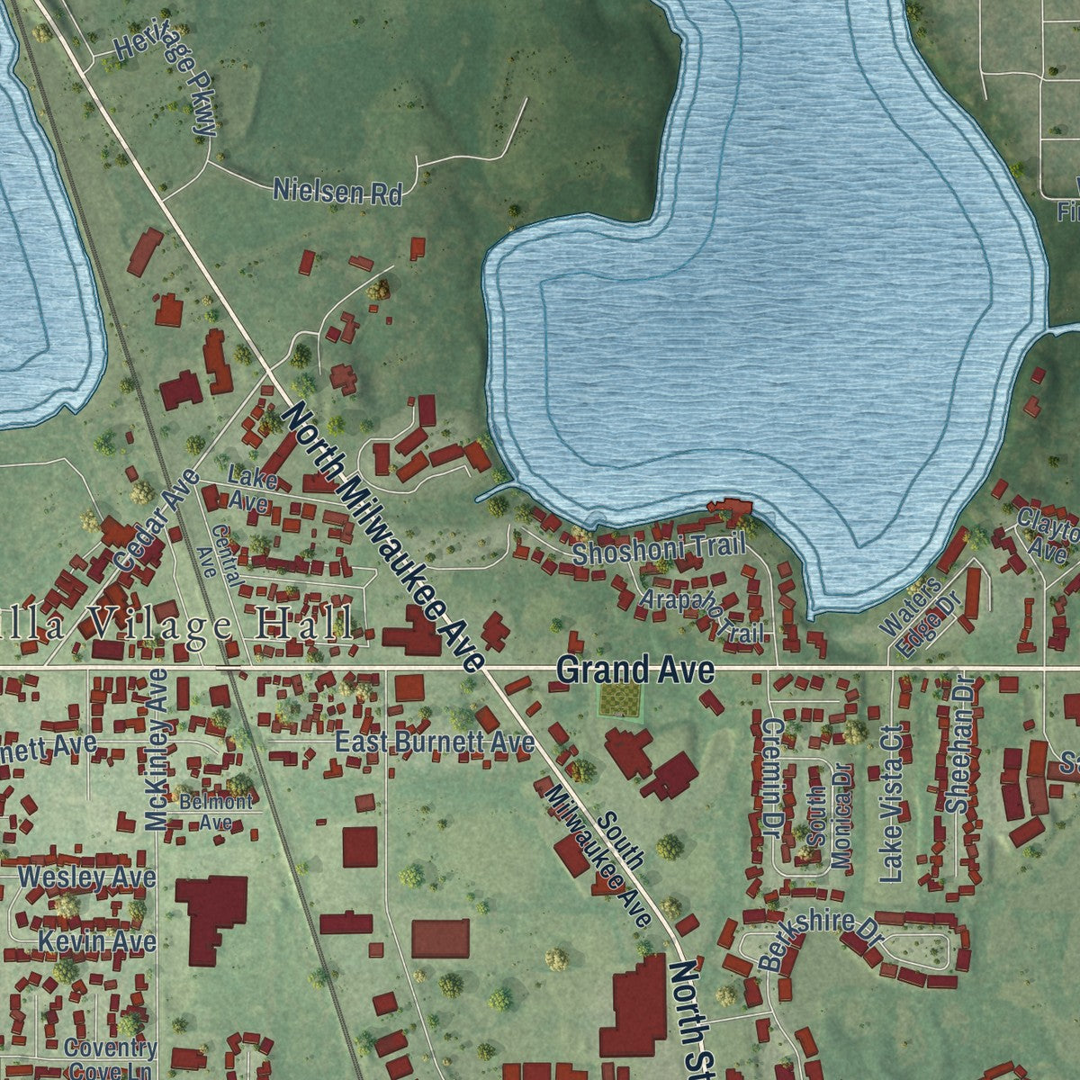 Close-up of the map of Lake Villa, Illinois print showing street and building detail