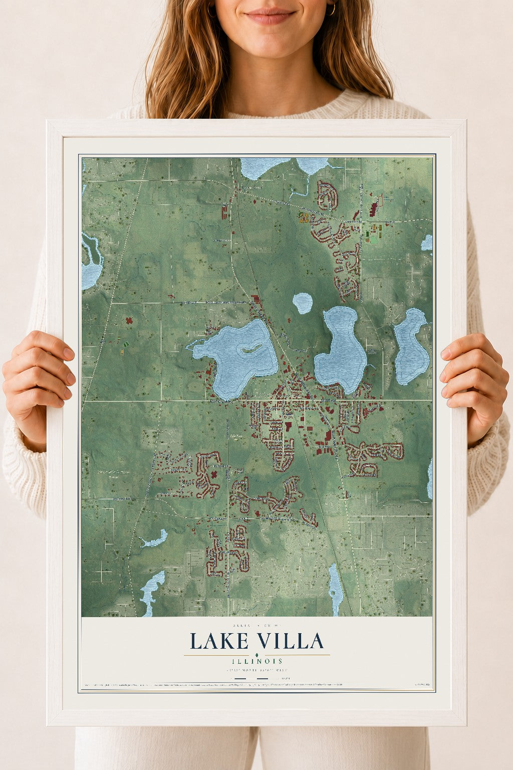Map of Lake Villa, Illinois, 18 x 24 inch print in a white wood frame