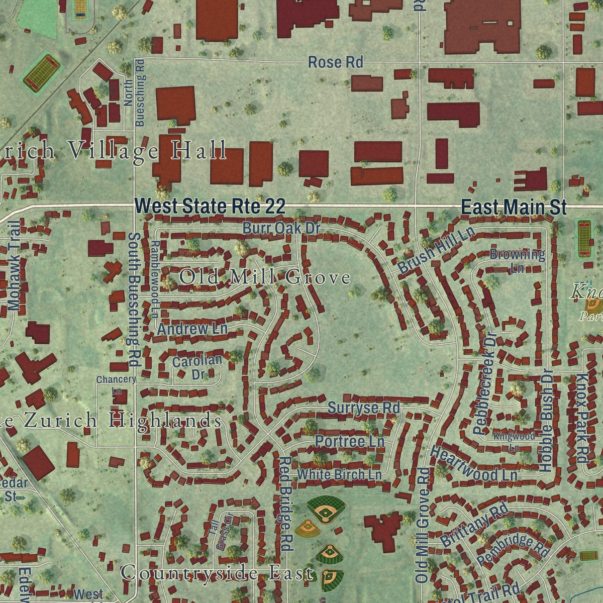 Close-up of the map of Lake Zurich, Illinois print showing street and building detail