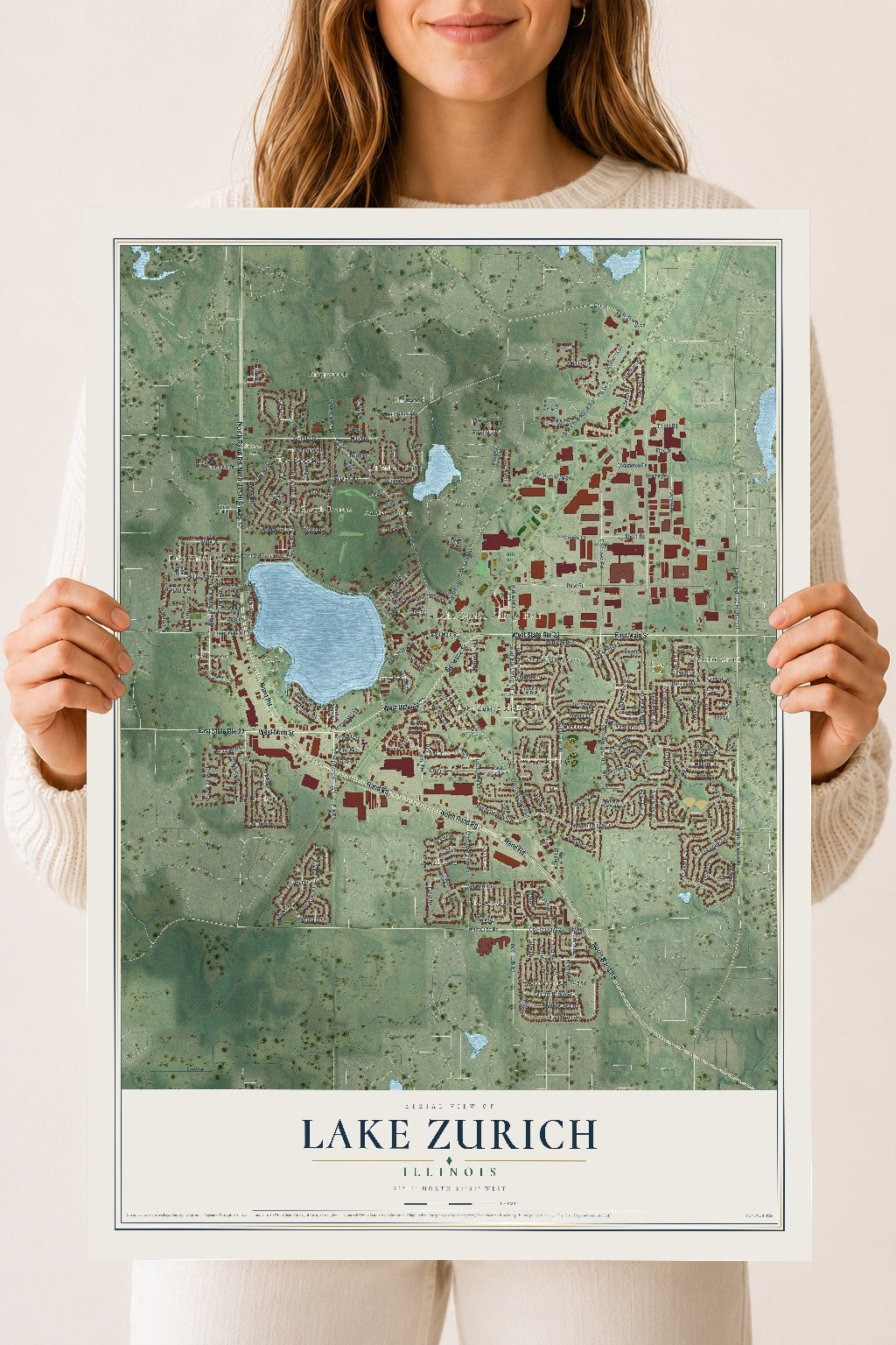 Map of Lake Zurich, Illinois, 18 x 24 inch unframed archival matte print
