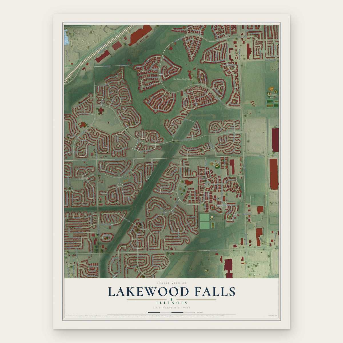 Lakewood Falls, Illinois map print, the full design