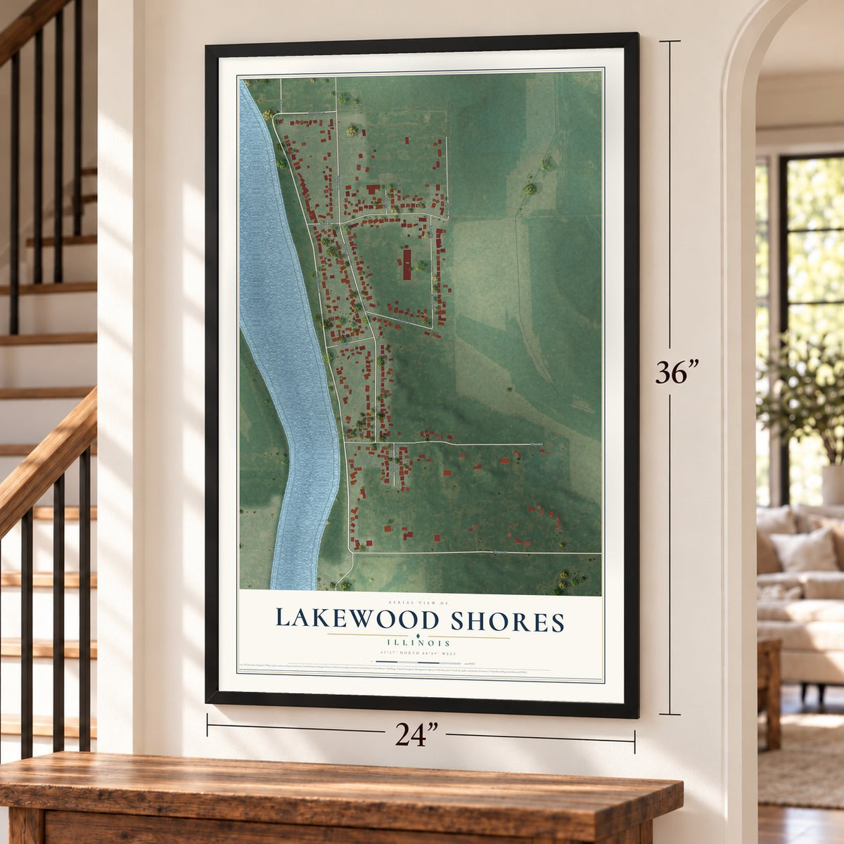 Lakewood Shores, Illinois map, 24 x 36 inch print in a black frame by a staircase