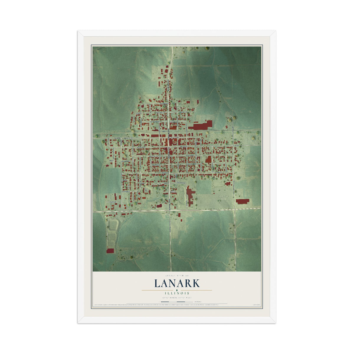 Map of Lanark, Illinois, 12 x 18 inch print in a white wood frame