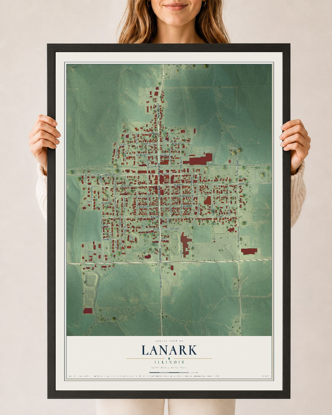 Map of Lanark, Illinois, 24 x 36 inch print in a black wood frame