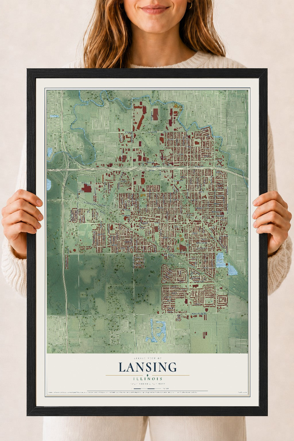 Map of Lansing, Illinois, 18 x 24 inch print in a black wood frame