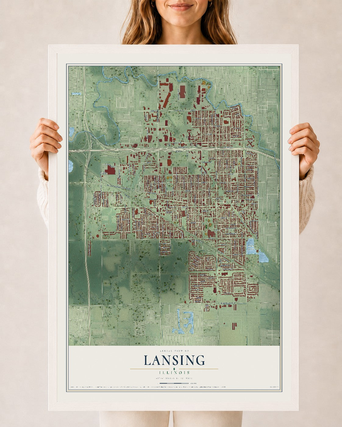 Map of Lansing, Illinois, 24 x 36 inch print in a white wood frame