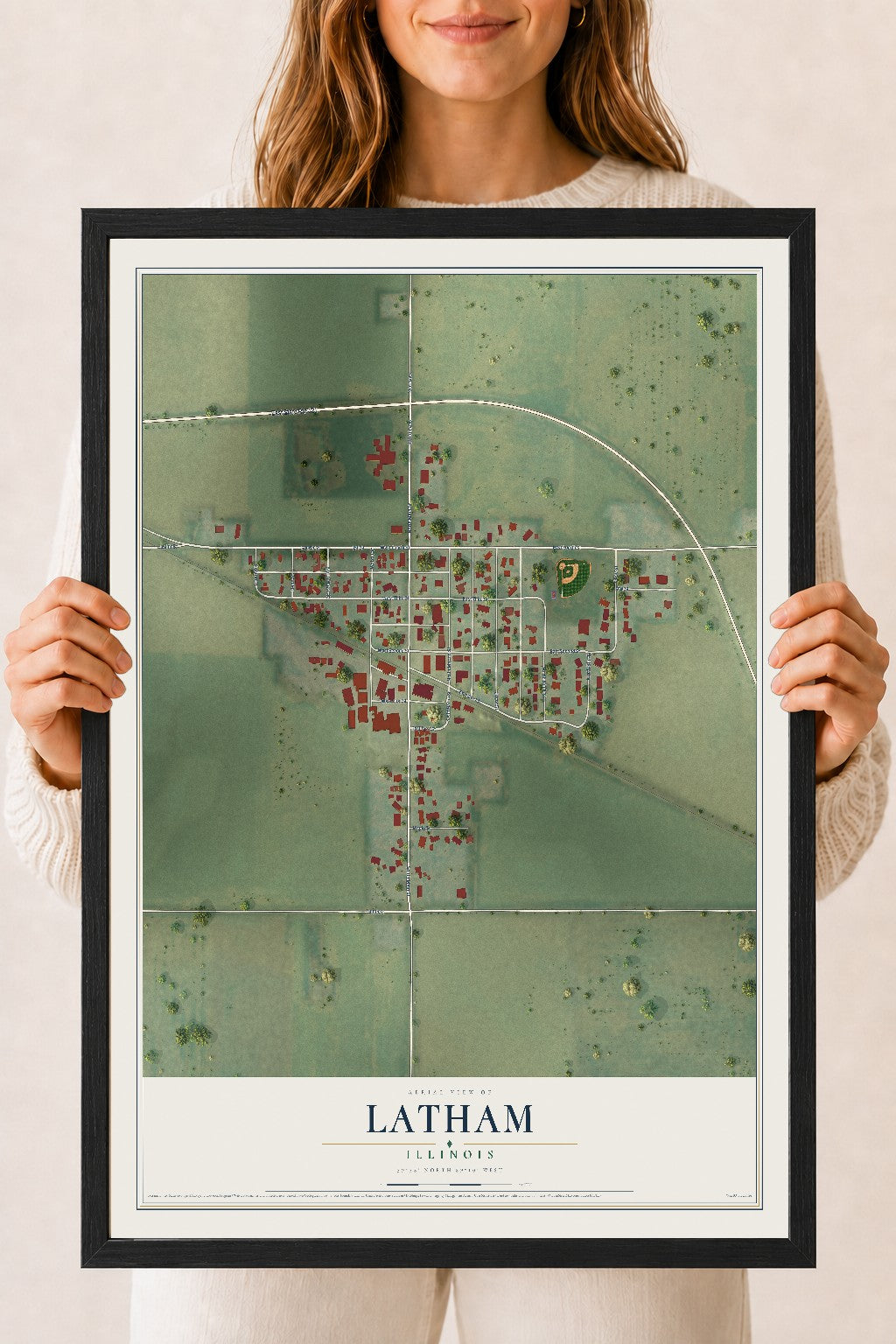 Map of Latham, Illinois, 18 x 24 inch print in a black wood frame