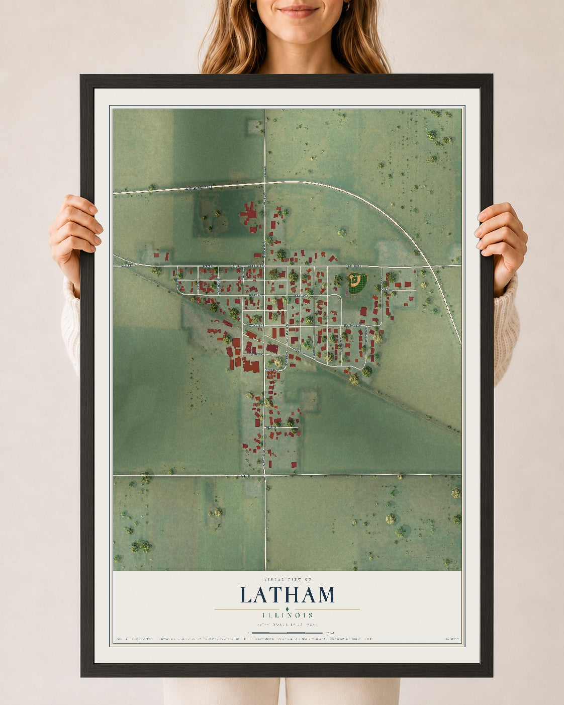 Map of Latham, Illinois, 24 x 36 inch print in a black wood frame