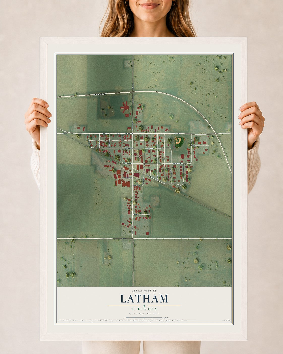 Map of Latham, Illinois, 24 x 36 inch print in a white wood frame