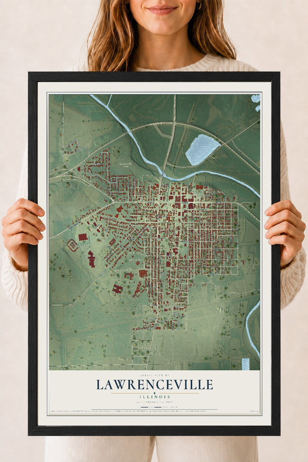 Map of Lawrenceville, Illinois, 18 x 24 inch print in a black wood frame