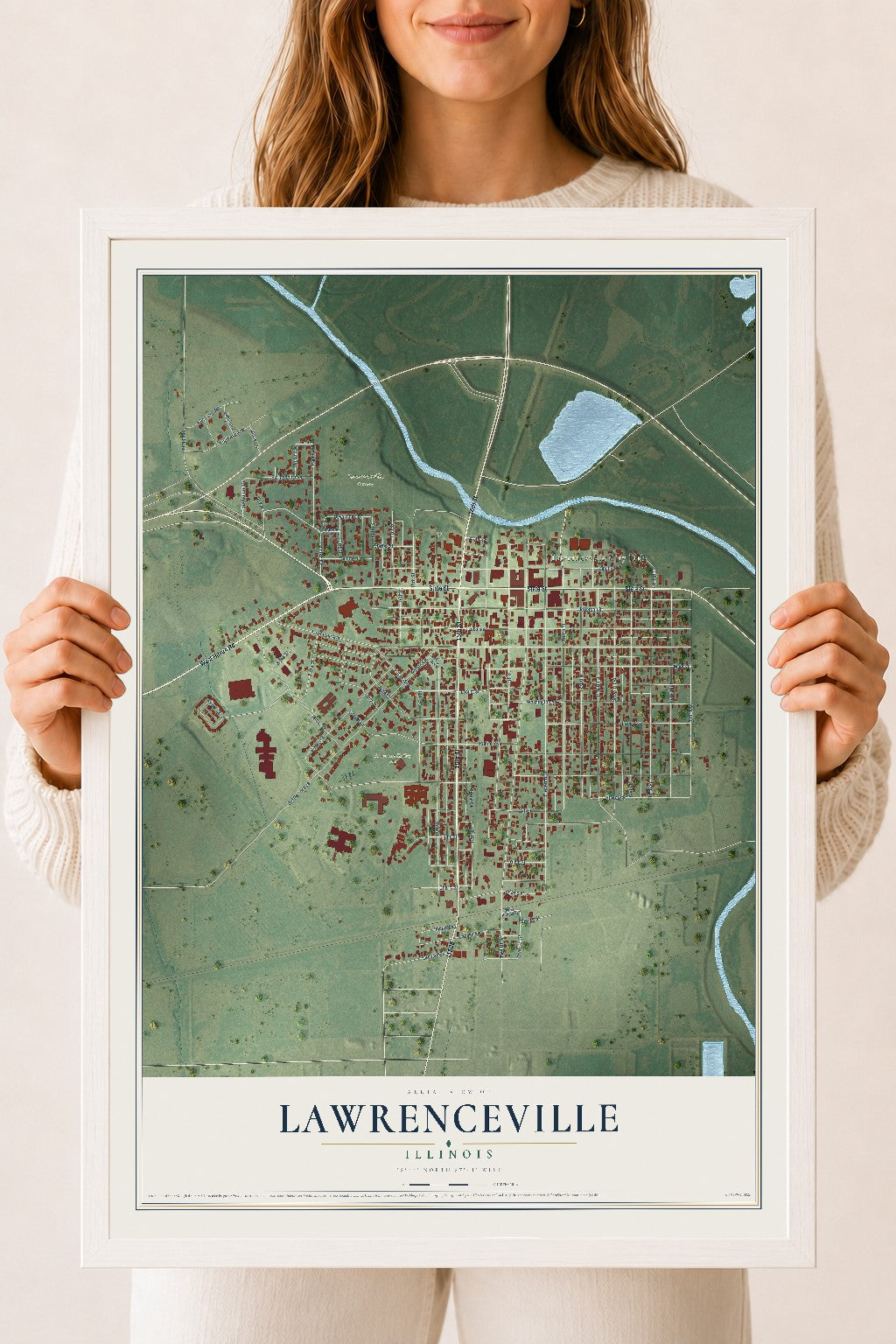 Map of Lawrenceville, Illinois, 18 x 24 inch print in a white wood frame