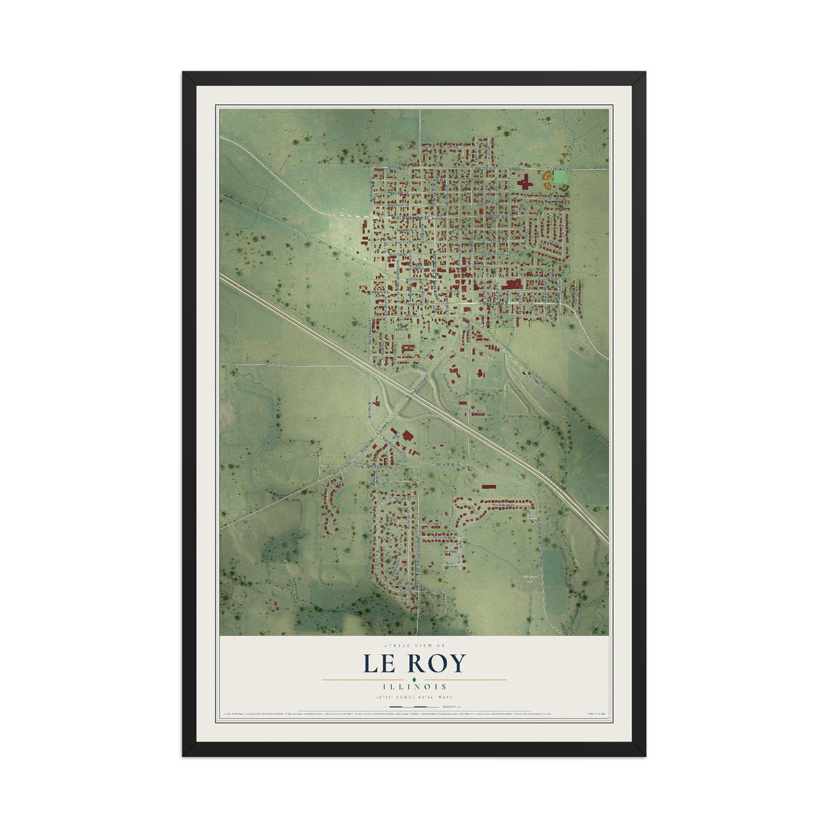 Map of Le Roy, Illinois, 12 x 18 inch print in a black wood frame