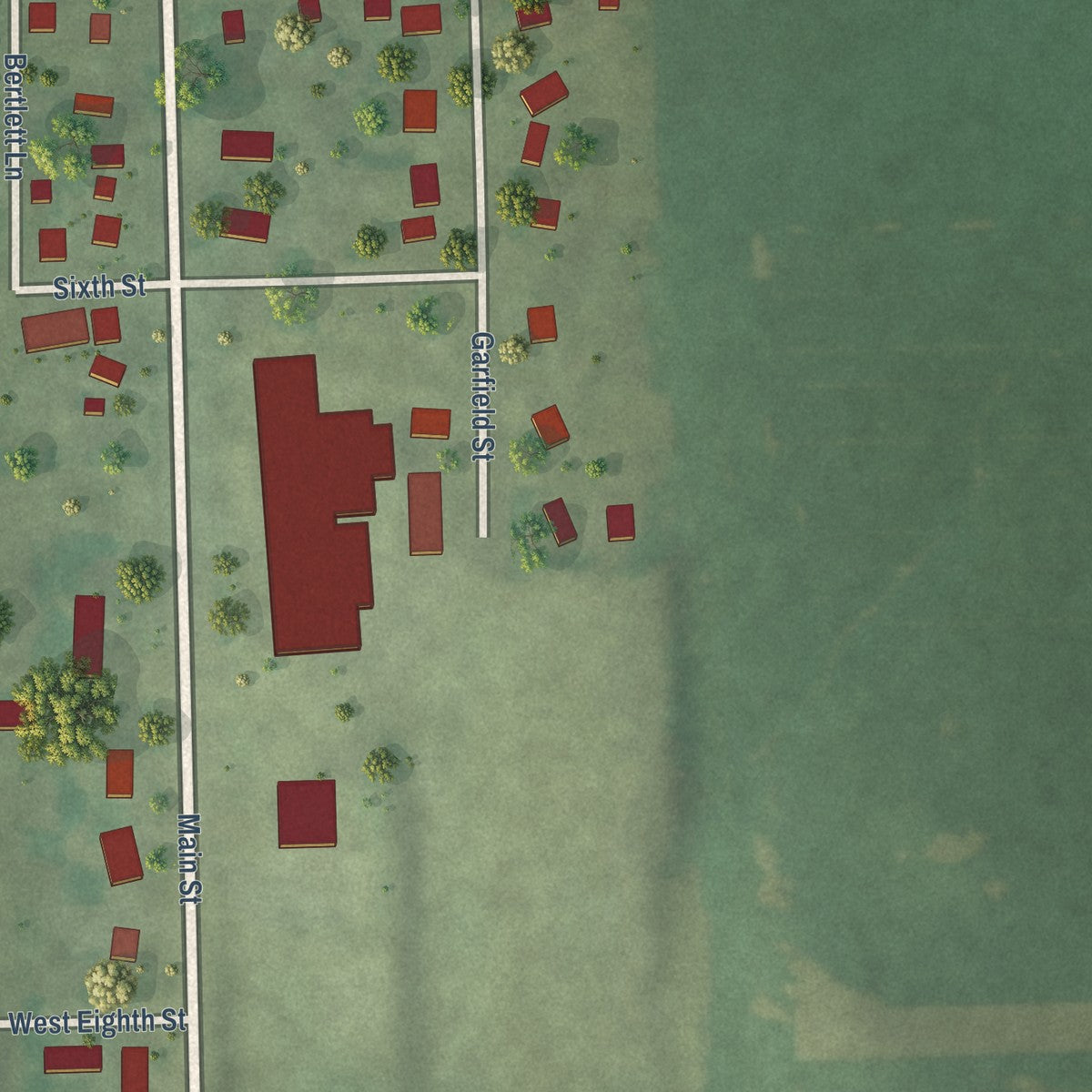 Second close-up of the map of Leaf River, Illinois print showing more streets and buildings